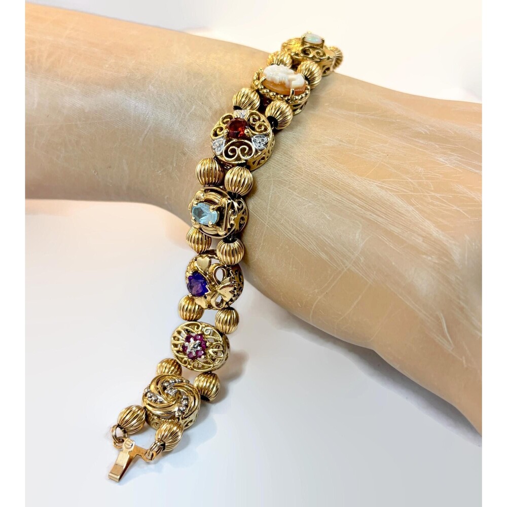 Vintage 10K Yellow Gold Slide Bracelet, Slide Charms, Diamond, Opal, Gemstones